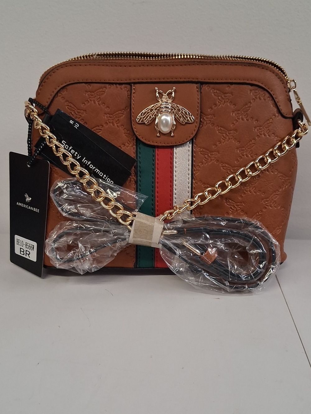 NWT Womens American Bee Brown Shoulder Bag With Gold & Pearl Bee